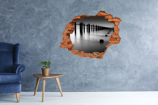 Grote 3D muursticker gat in de muur Een verzonken pier in een monochrome omgeving