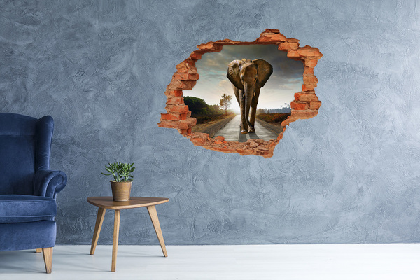 Grote 3D muursticker gat in de muur Olifant op de weg in de jungle