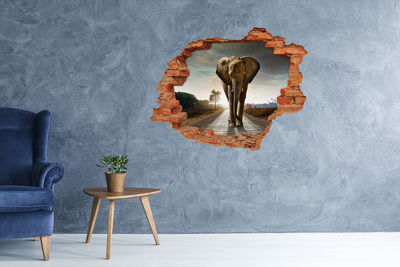 Grote 3D muursticker gat in de muur Olifant op de weg in de jungle