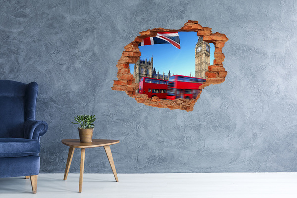 Grote 3D muursticker gat in de muur De skyline van Londen met een rode bus.