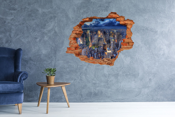 Grote 3D muursticker gat in de muur De skyline van New York 's nachts