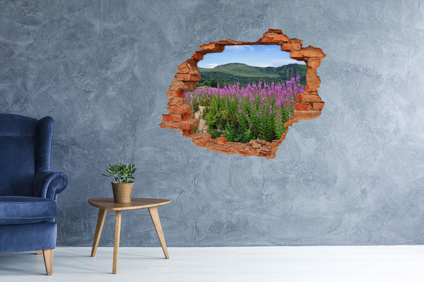 Grote 3D muursticker gat in de muur Bloemenlandschap in de bergen