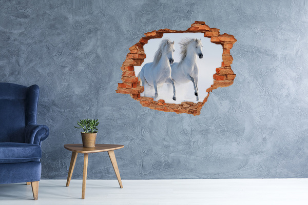 Vinyl muursticker 3D breekeffect Witte paarden op de vlucht