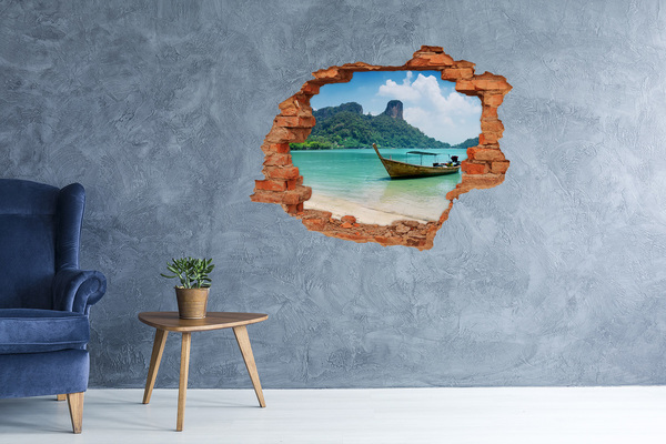 Grote 3D muursticker gat in de muur Paradijselijk strand met een boot