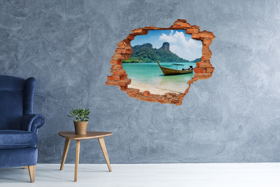Grote 3D muursticker gat in de muur Paradijselijk strand met een boot