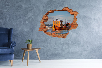 Grote 3D muursticker gat in de muur Een baai met een vissersboot