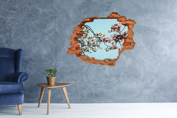 Vinyl muursticker 3D breekeffect Lentemagnolia's in een blauwe lucht