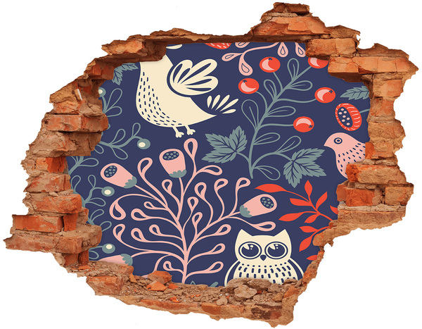Grote 3D muursticker gat in de muur Bloemenpatroon met uilen