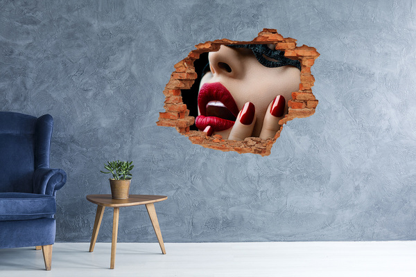 Grote 3D muursticker gat in de muur Sensuele vrouw met rode lippen