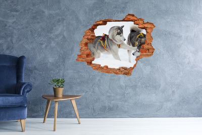 Grote 3D muursticker gat in de muur Siberische husky's in actie