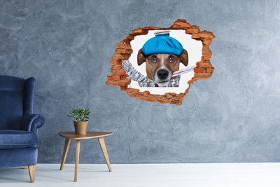 Grote 3D muursticker gat in de muur Zieke hond met een hoed