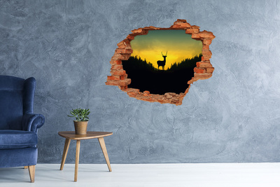 Grote 3D muursticker gat in de muur Herten tegen de achtergrond van de ondergaande zon.