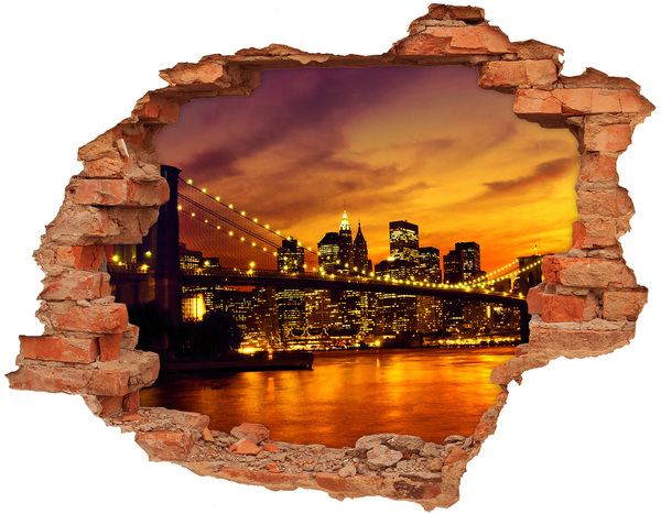 Grote 3D muursticker gat in de muur De skyline van New York bij zonsondergang