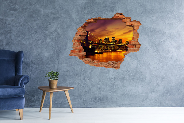 Grote 3D muursticker gat in de muur De skyline van New York bij zonsondergang