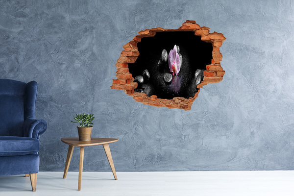 Grote 3D muursticker gat in de muur Orchideebloem omringd door stenen