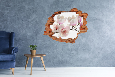 Vinyl muursticker 3D breekeffect Magnoliabloemen door een gat in de muur