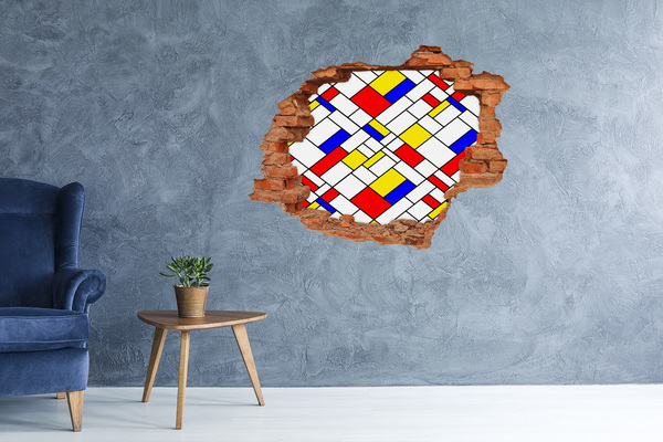 Grote 3D muursticker gat in de muur Abstract patroon in de stijl van Mondrian.