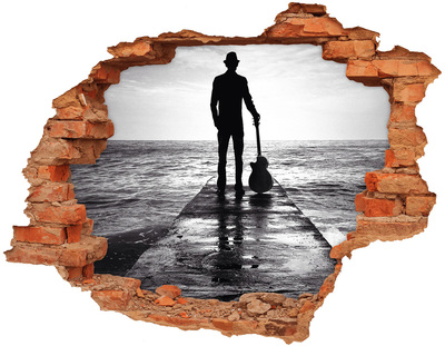 Grote 3D muursticker gat in de muur Muzikant op de pier