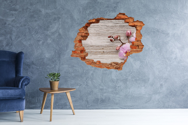 Grote 3D muursticker gat in de muur Orchideeën op een houten achtergrond