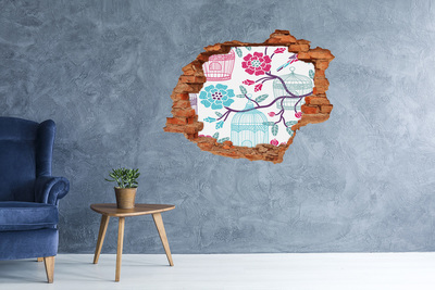 Grote 3D muursticker gat in de muur Bloemenmotief met vogelkooien