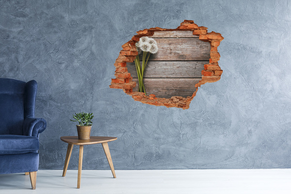 Vinyl muursticker 3D breekeffect Paardenbloemen op een houten vloer
