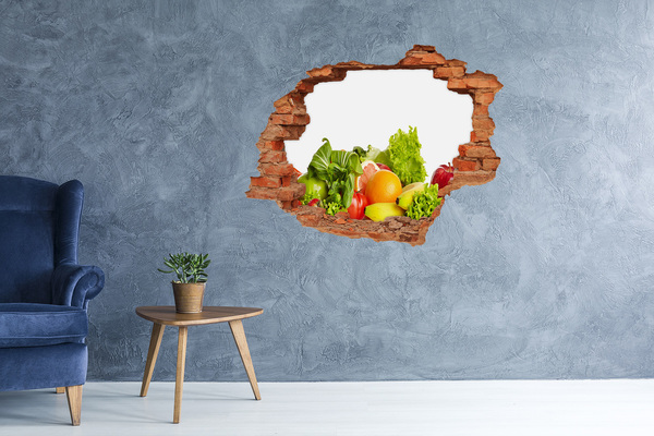 Vinyl muursticker 3D breekeffect Fruit en groenten in een gat in de muur