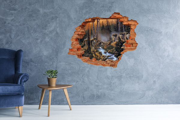 Grote 3D muursticker gat in de muur Wolven in het boslandschap