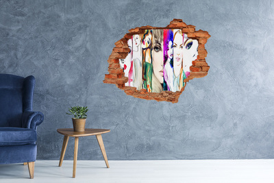 Vinyl muursticker 3D breekeffect Vrouwenportretten in een gat in de muur