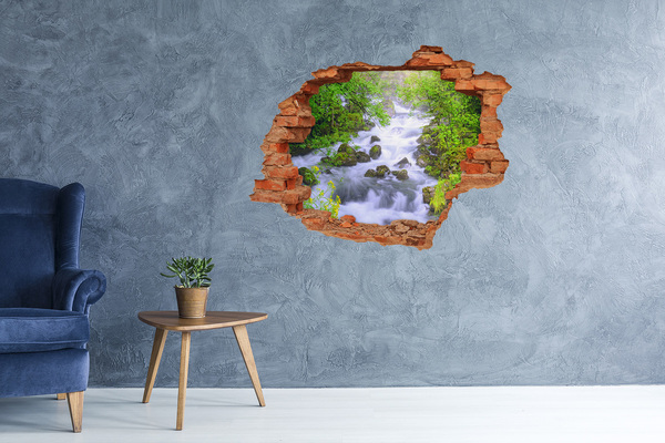 Grote 3D muursticker gat in de muur Waterval in het groene bos