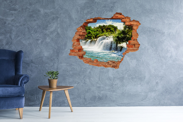 Grote 3D muursticker gat in de muur Een waterval te midden van het groen.