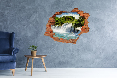 Grote 3D muursticker gat in de muur Een waterval te midden van het groen.