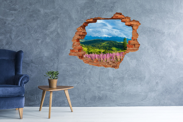 Vinyl muursticker 3D breekeffect Berglandschap met bloemen