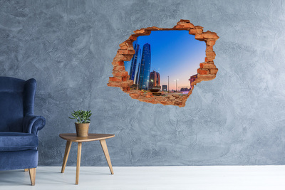 Vinyl muursticker 3D breekeffect Moderne stad bij zonsondergang