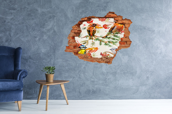 Grote 3D muursticker gat in de muur Vogels in een boslandschap