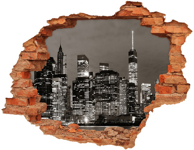 Grote 3D muursticker gat in de muur De skyline van New York 's nachts