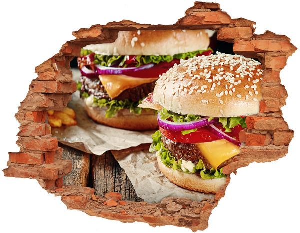 Grote 3D muursticker gat in de muur Sappige hamburger van Hole-in-the-Wall