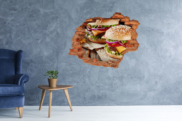 Grote 3D muursticker gat in de muur Sappige hamburger van Hole-in-the-Wall