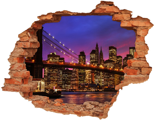 Grote 3D muursticker gat in de muur De skyline van New York 's nachts