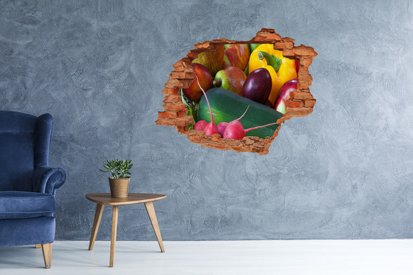 Vinyl muursticker 3D breekeffect Fruit en groenten in een gat in de muur