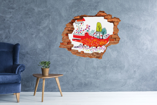 Vinyl muursticker 3D breekeffect Krokodil in een kleurrijk landschap