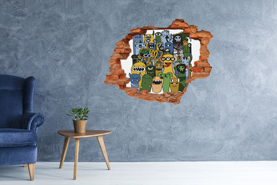 Grote 3D muursticker gat in de muur Kleurrijke monsters in een gat in de muur