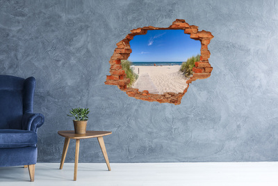 Grote 3D muursticker gat in de muur Een groen paradijs met een houten brug.