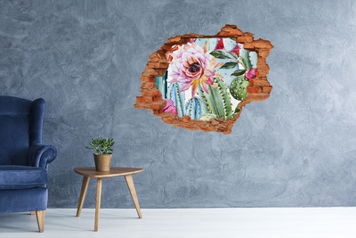 Vinyl muursticker 3D breekeffect Een cactus met een bloem in een gat in de muur.