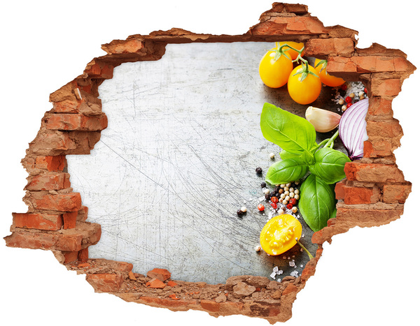 Grote 3D muursticker gat in de muur Een ingestorte muur met uitzicht op de hemel.