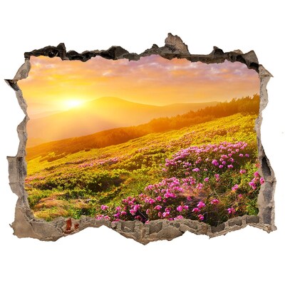 Zelfklevende 3D wandsticker illusie Berglandschap bij zonsondergang