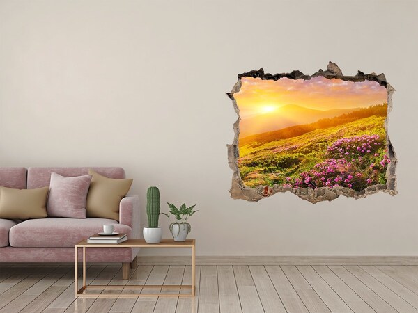 Zelfklevende 3D wandsticker illusie Berglandschap bij zonsondergang
