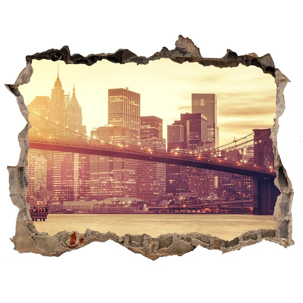 Wandsticker 3D gat met uitzicht Brooklyn Bridge bij zonsondergang