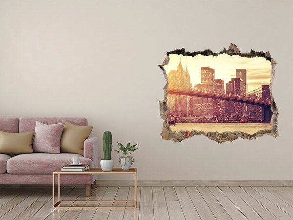 Wandsticker 3D gat met uitzicht Brooklyn Bridge bij zonsondergang