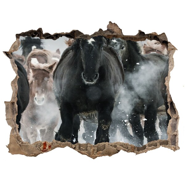 Wandsticker 3D doorkijk Paarden galopperen dwars door de muur.