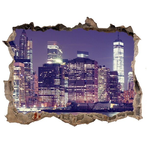 Wandsticker 3D gat met uitzicht De skyline van New York 's nachts